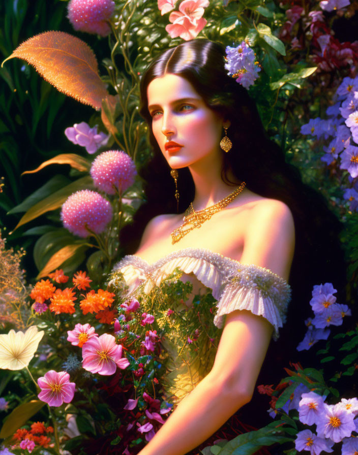 Dark-haired woman in gold jewelry surrounded by lush flora in mystical setting