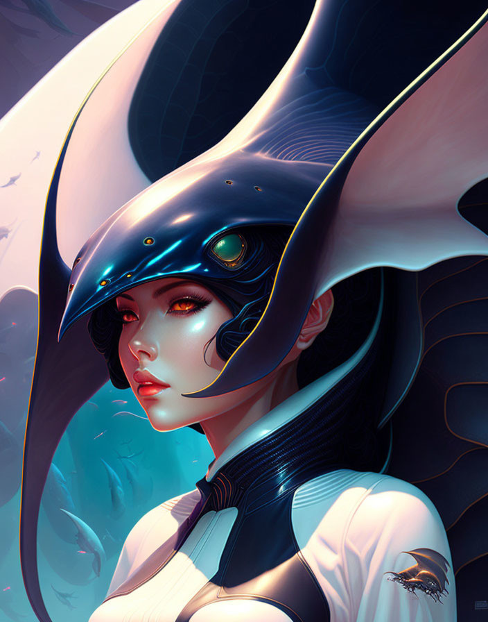 Futuristic digital artwork of a woman in black and blue bird-like helmet