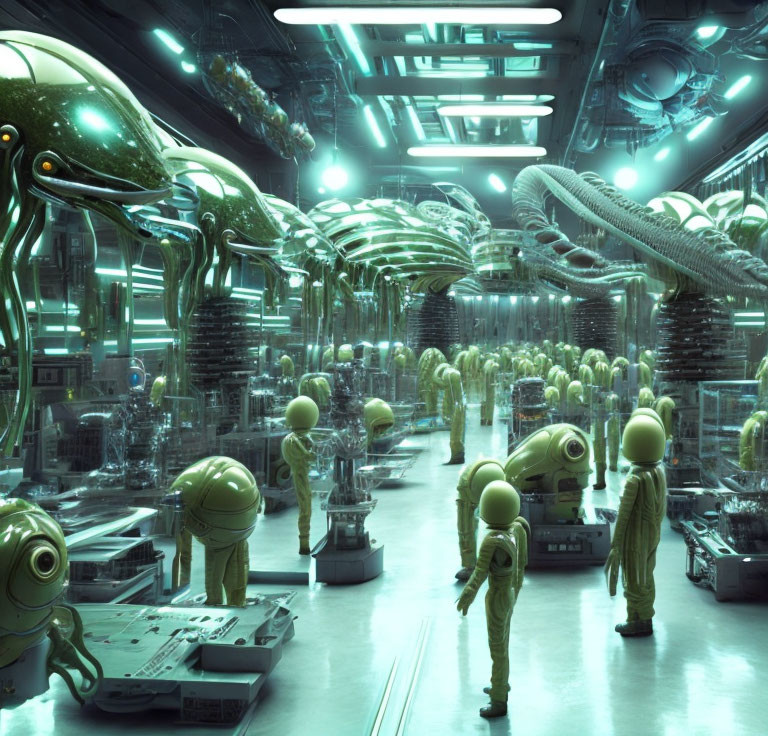 Futuristic laboratory with humanoid figures in hazmat suits and advanced equipment under green lighting