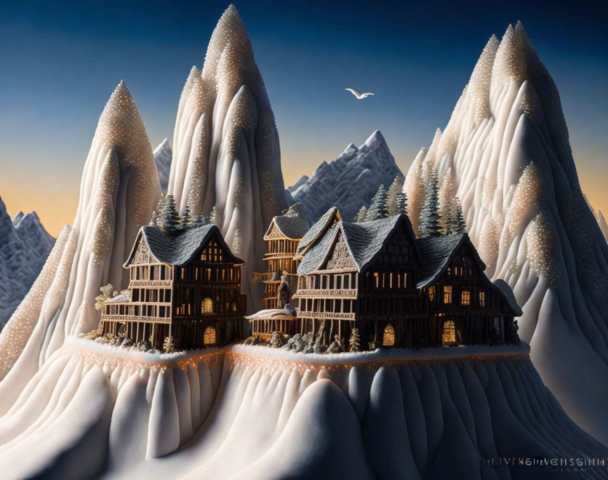 Snow-covered mountain landscape with fairy-tale houses and flying bird