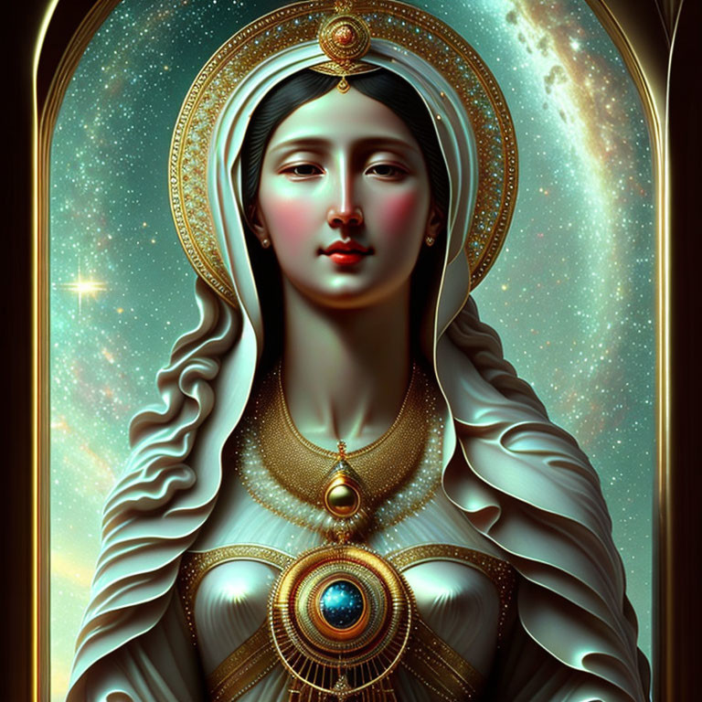 Stylized portrait of woman with halo in white robe and ornate headpiece