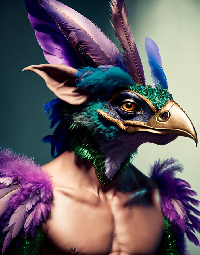 Person with Vibrant Purple Feathers and Golden Beak Mask