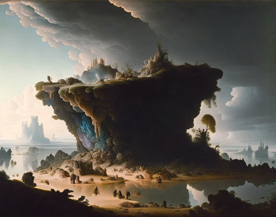 Dreamlike painting of floating landmass with castle ruins in reflective water