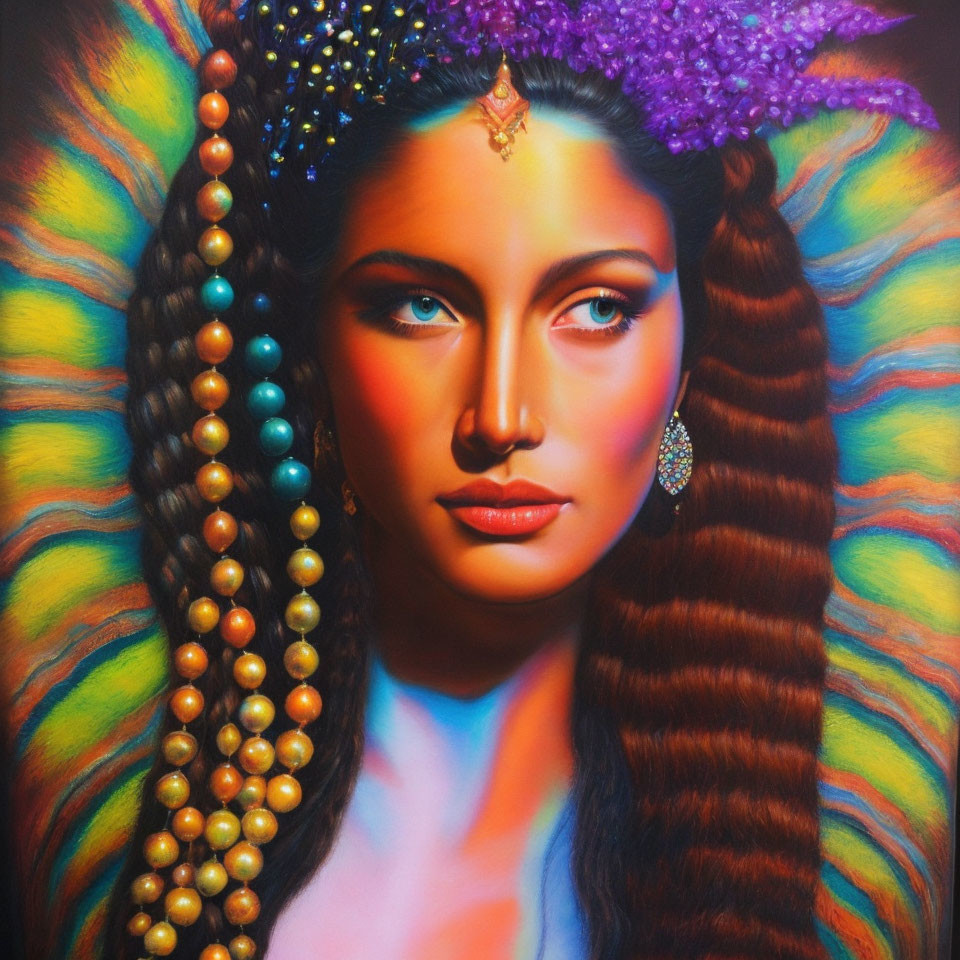 Colorful painting of woman with beaded hair and blue dress in rainbow aura