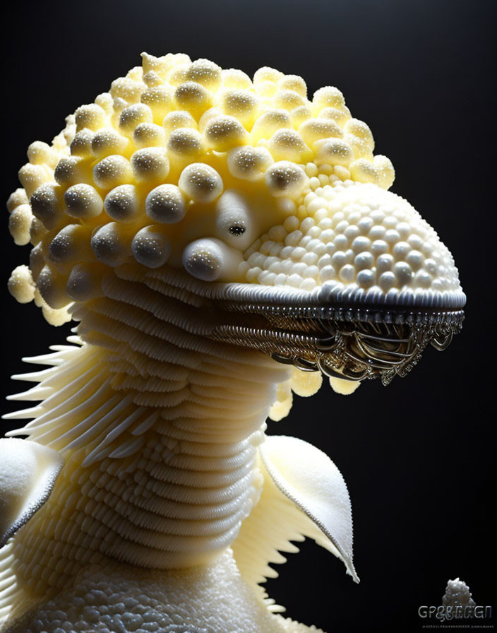 Detailed Digital Art: Creature with Corn Cob Head, Pearl Kernels, and Mechanical Jaw