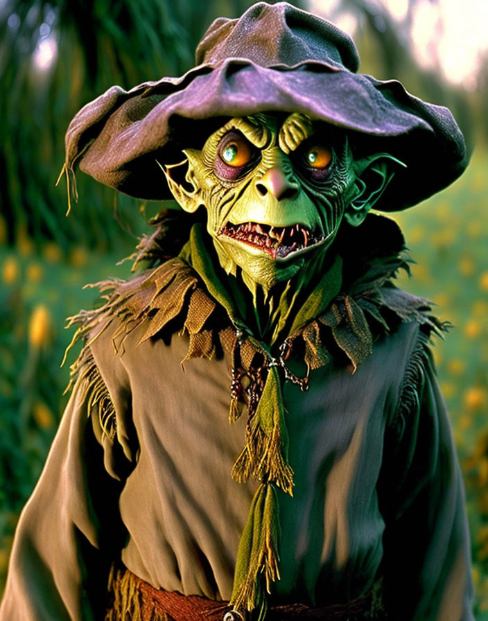 Green-skinned goblin with red eyes in field wearing cloak and hat