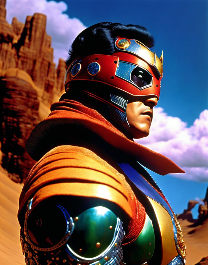 Colorful futuristic warrior in red helmet and cape in desert landscape.