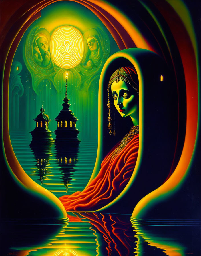 Colorful surreal portrait of a woman's face with cosmic and architectural reflections.