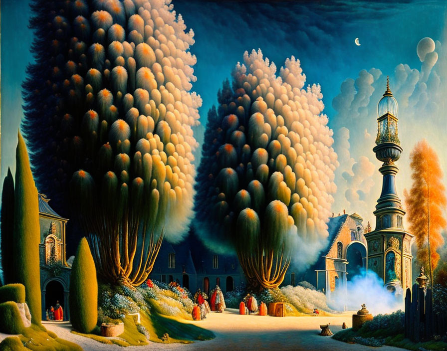 Surrealist painting of oversized trees, ornate tower, crescent moon