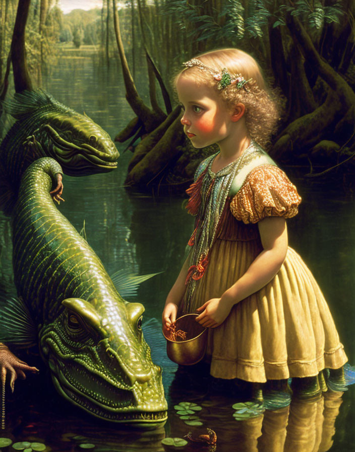 Young girl in vintage dress confronts green dragon in forest scenery