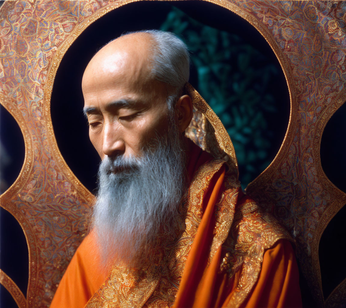 Elderly Man in White Beard in Ornate Orange Robes with Circular Backdrop