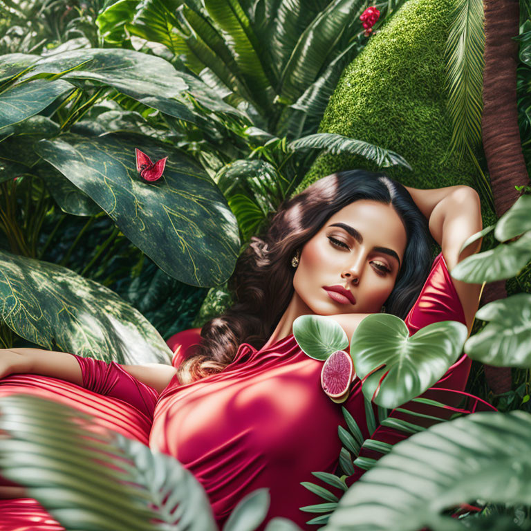 Woman in Red Dress Resting Among Lush Green Foliage