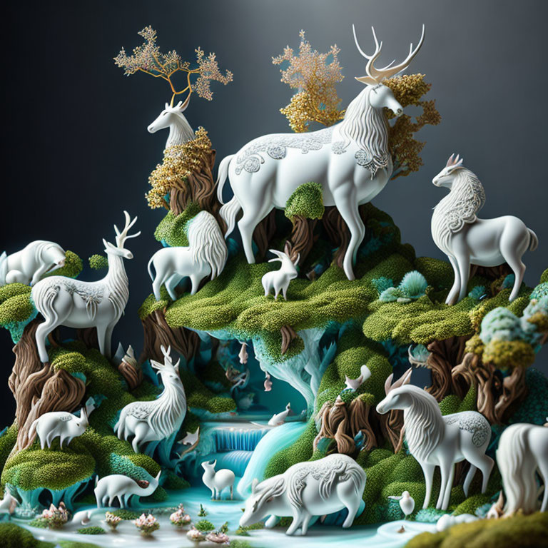 Fantastical landscape with white ornate deer-like creatures in lush greenery