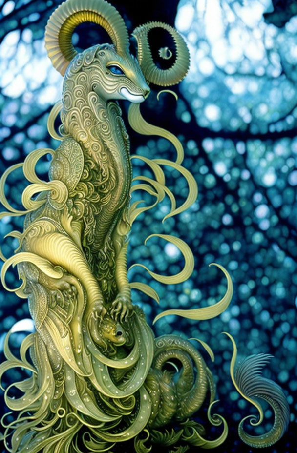 Intricate mythical creature with ram-like horns in forest setting