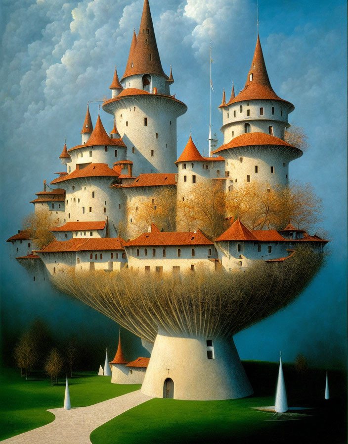 Whimsical painting of castle on giant tree trunk against blue sky