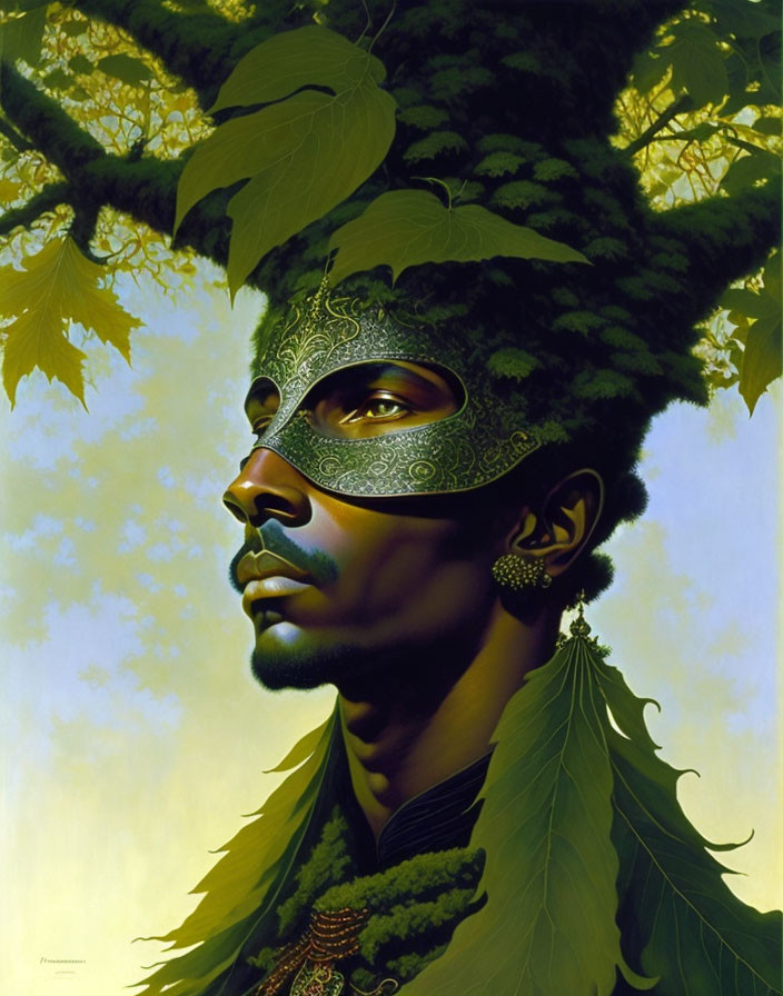 Portrait of Person with Green Foliage Hair & Ornate Mask on Muted Background