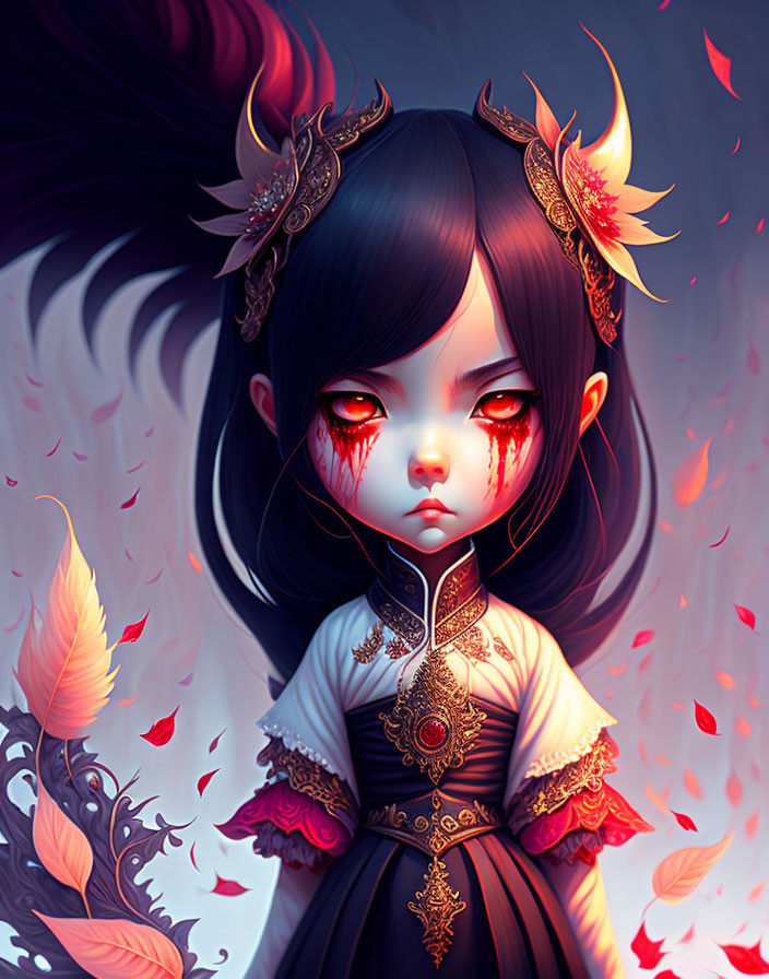 Illustrated character with red eyes, ornate horns, dark outfit, and swirling red leaves