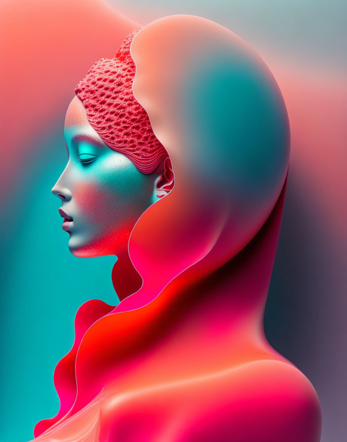 Vibrant surreal portrait of a woman with flowing contours in blue and red hues