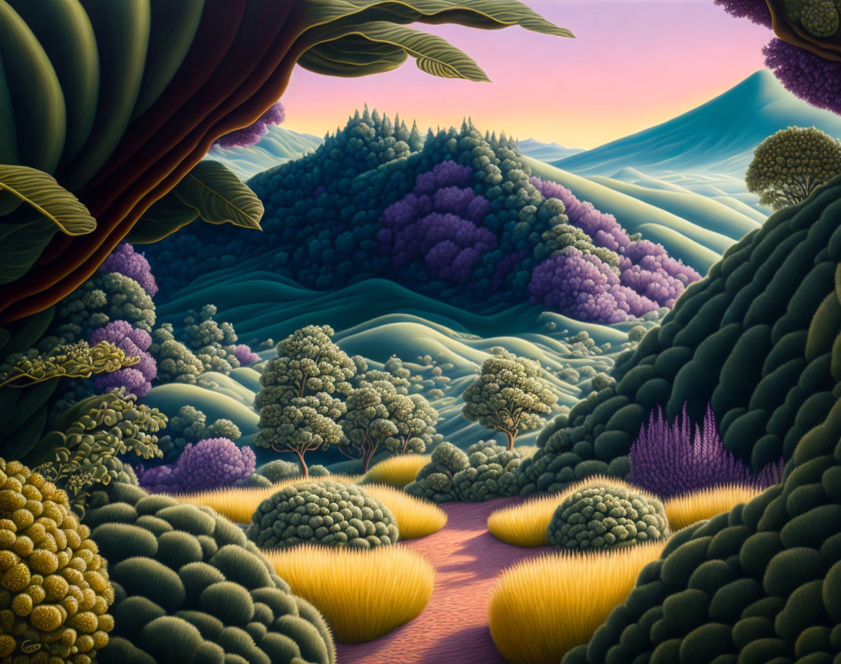 Surreal landscape with stylized trees, undulating hills, and colorful sky at dusk