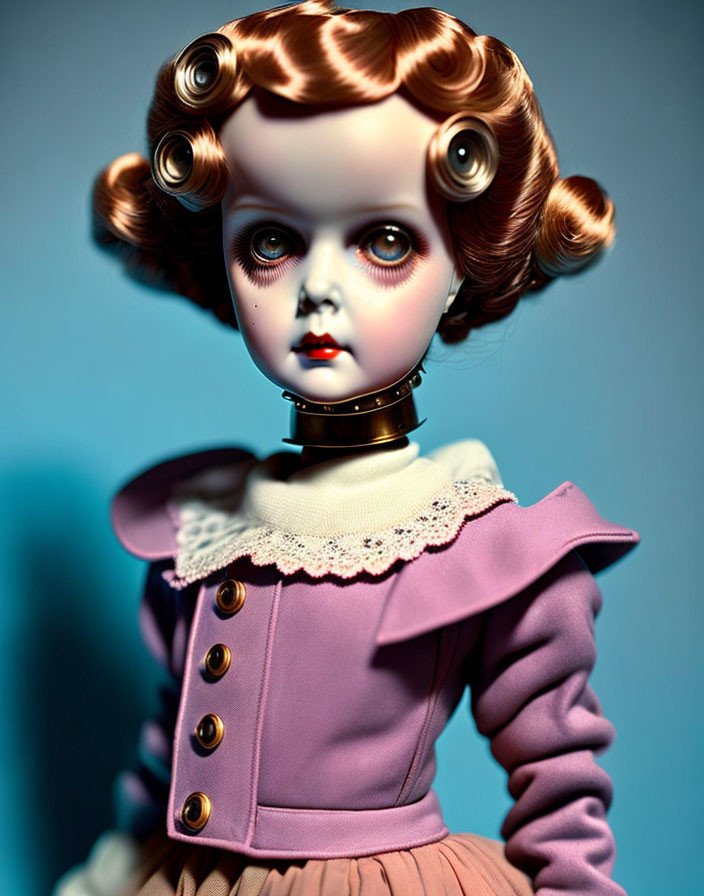 Vintage-style doll with curled brown hair and Victorian-inspired purple dress