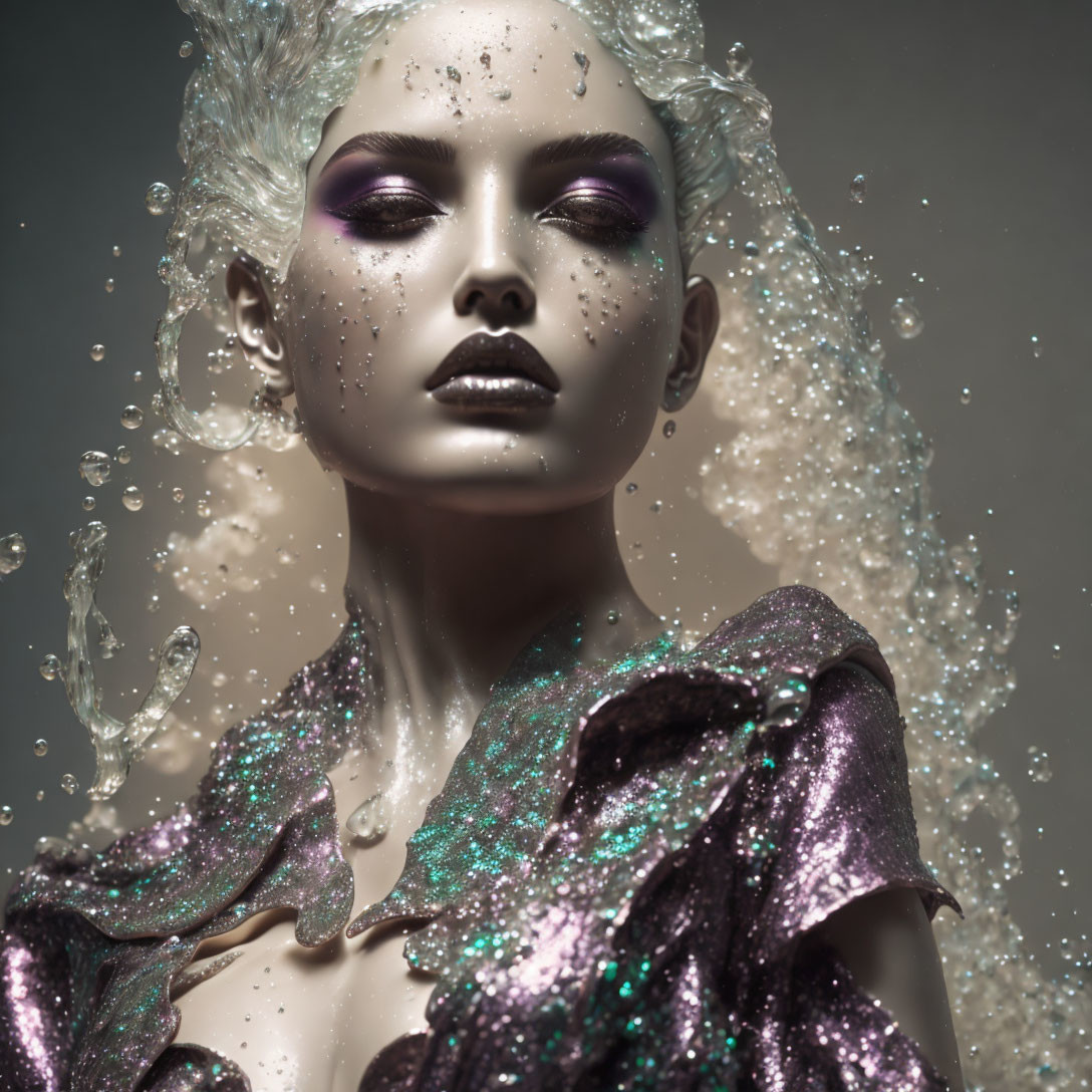 Sparkly Makeup and Violet Eyes Model in Glittery Outfit Surrounded by Water Droplets