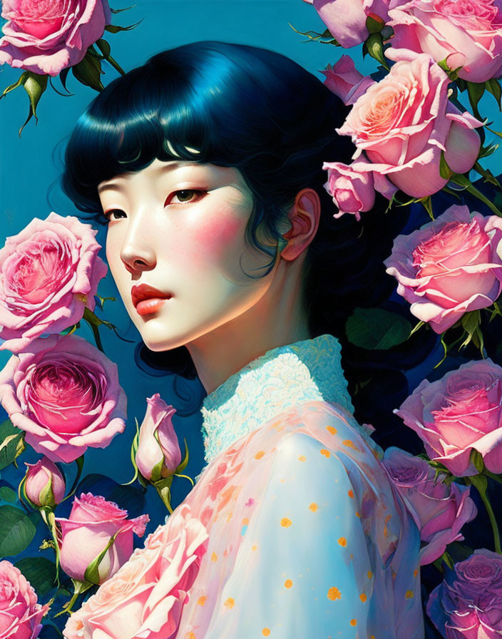 Portrait of a woman with blue-black hair and rosy cheeks, surrounded by pink roses on a blue