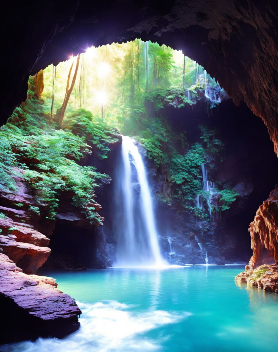 Tranquil waterfall in sunlit cave with blue pool