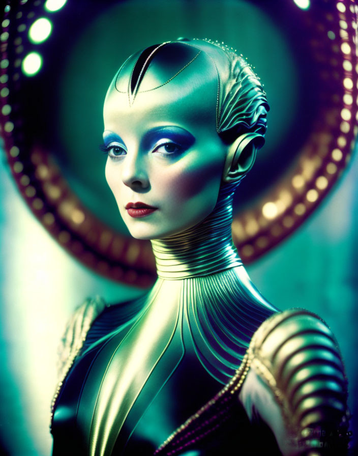 Futuristic female figure in gold and blue bodysuit with stylized makeup