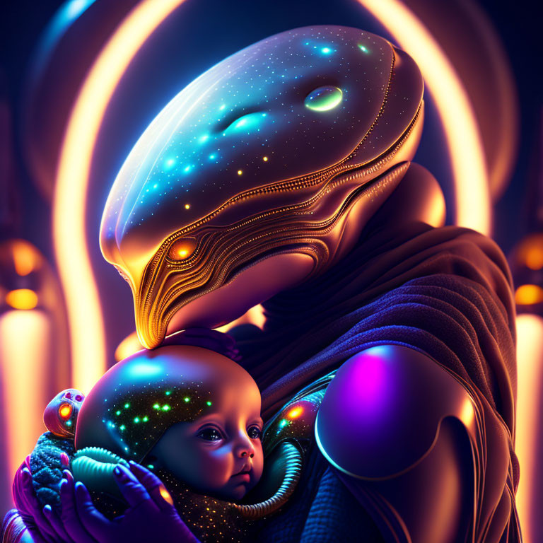 Cosmic digital artwork featuring alien figure and starry infant