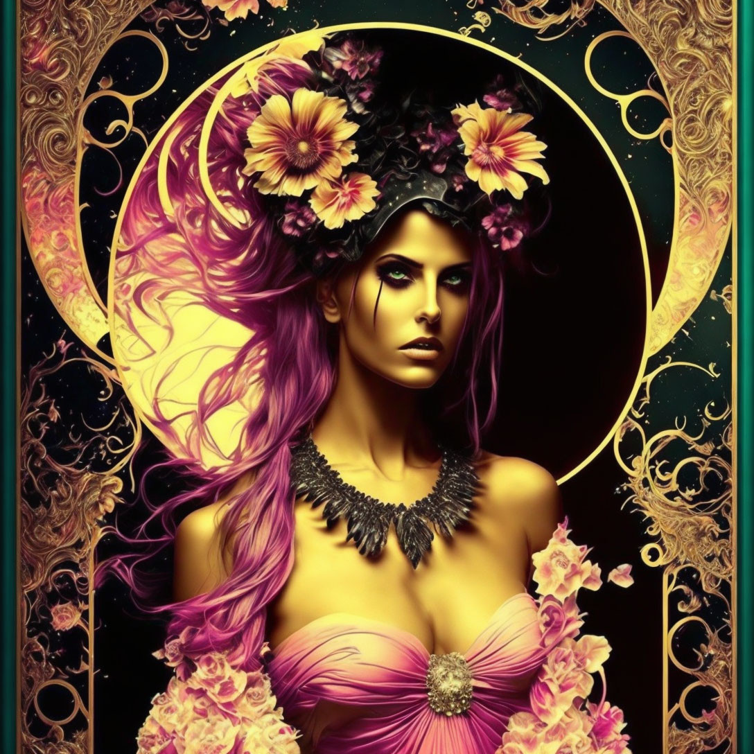 Illustrated woman with purple hair in floral crown on golden crescent moon background.