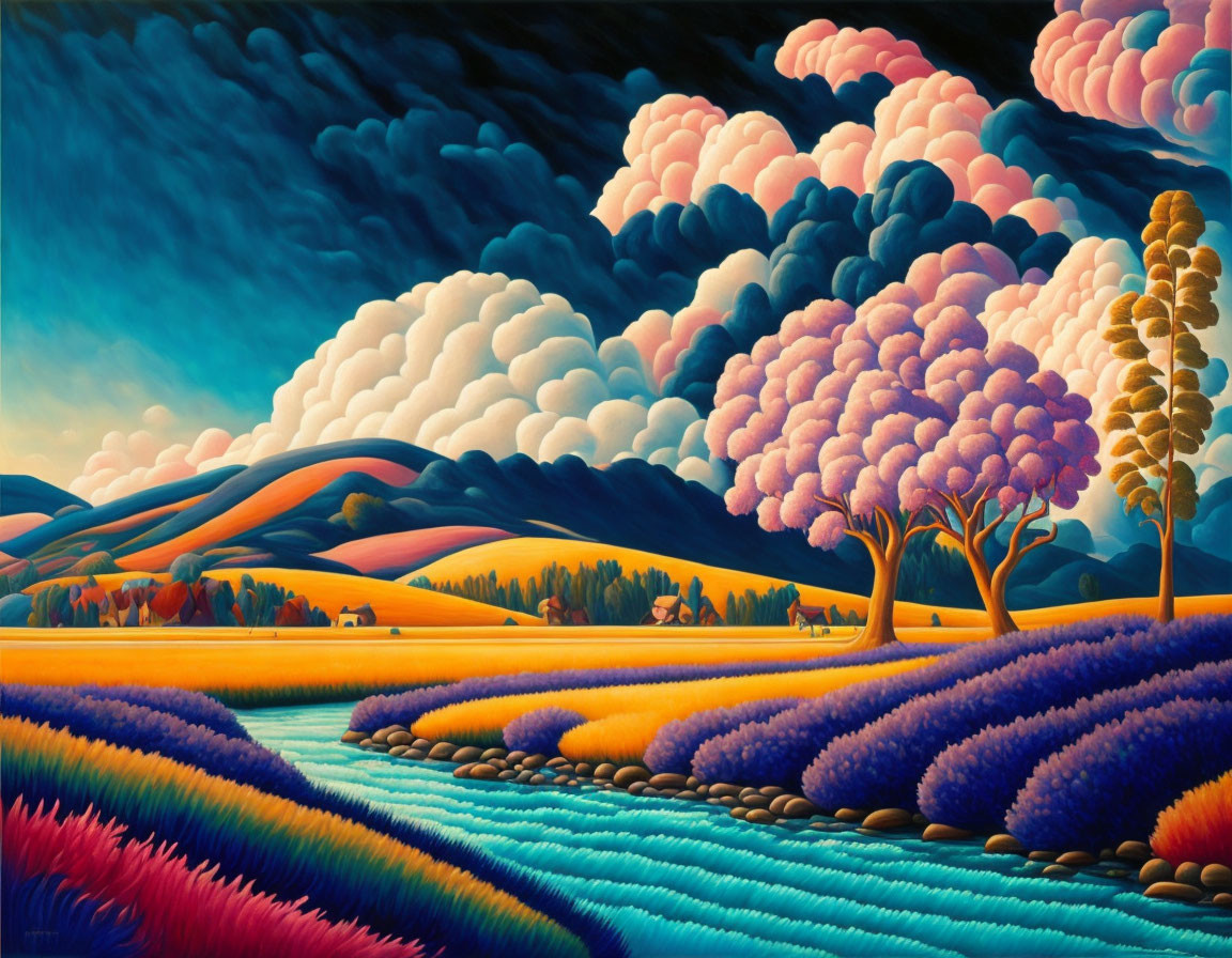 Colorful landscape painting with rolling hills, fields, trees, and dramatic sky