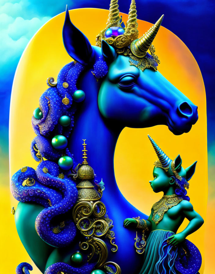 Mythical creatures with golden horns on blue and yellow backdrop