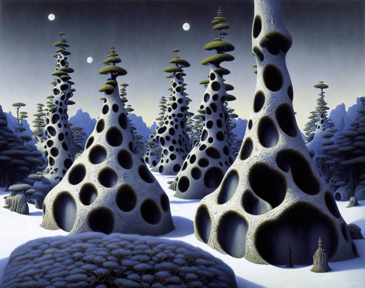 Snow-covered trees in surreal dual-moon landscape