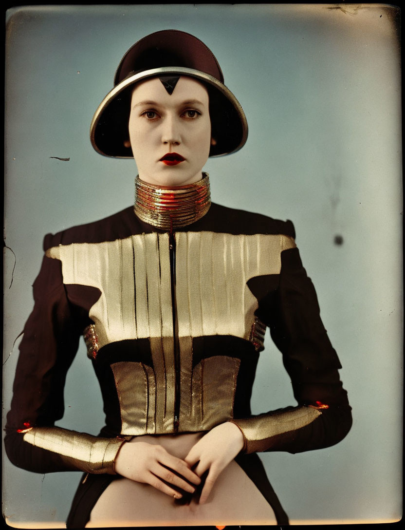 Futuristic woman in metallic collar and hat on blue backdrop