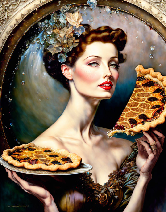 Stylized portrait of woman holding pie in ornate circular frame