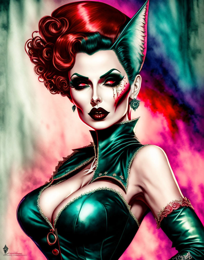 Illustrated female character with retro hairstyle and dramatic makeup in green corset and gloves on vibrant pink and