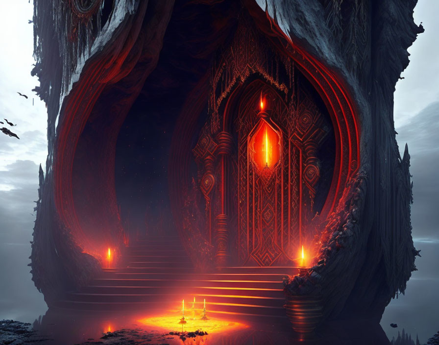 Ornate Gateway in Mystical Cavern with Glowing Red Lights