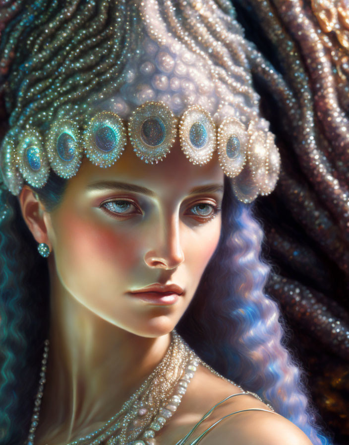 Iridescent hair woman portrait with bejeweled headpiece