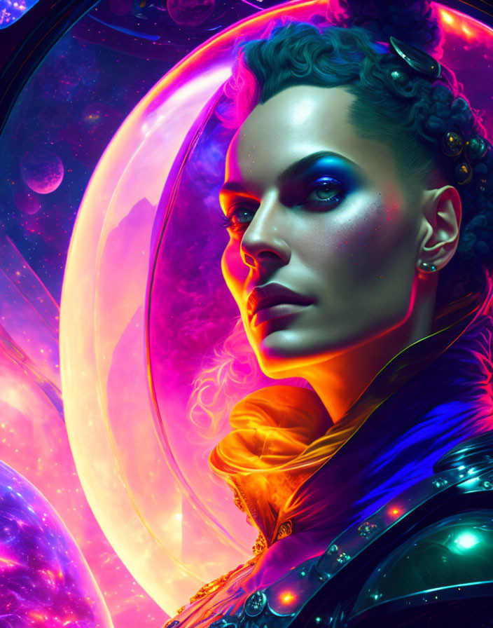 Colorful digital portrait with cosmic makeup against galaxy backdrop