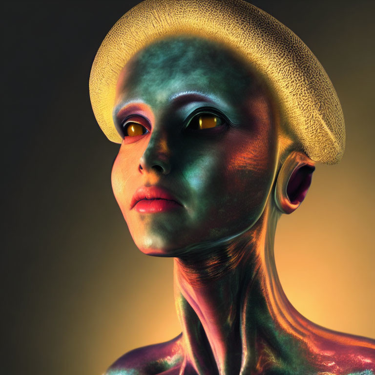 Alien digital art: green skin, yellow eyes, straw hat, warm gradient background