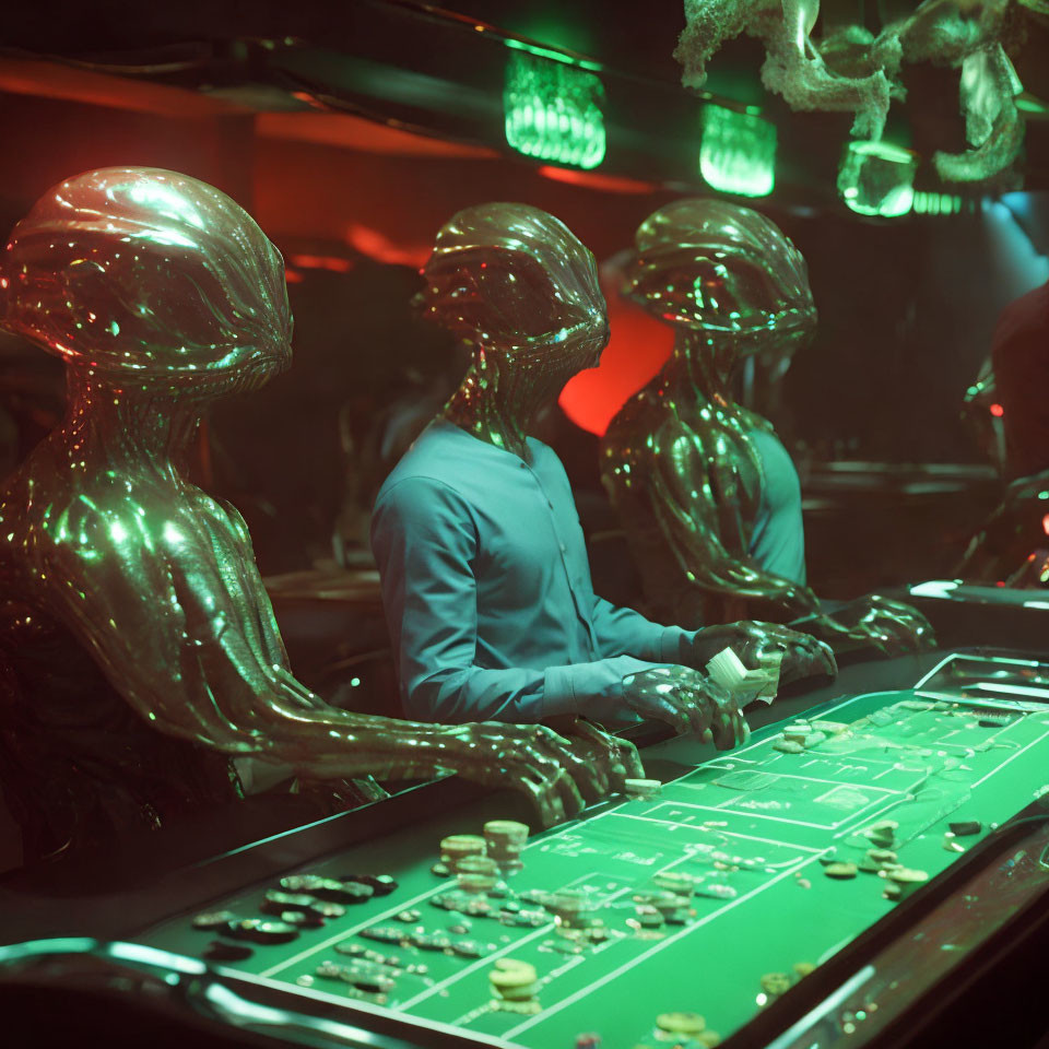 Alien-themed figures at casino table with gambling chips