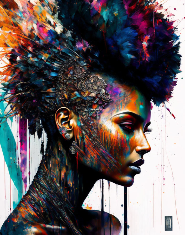 Colorful splashes and textured hair on vibrant background