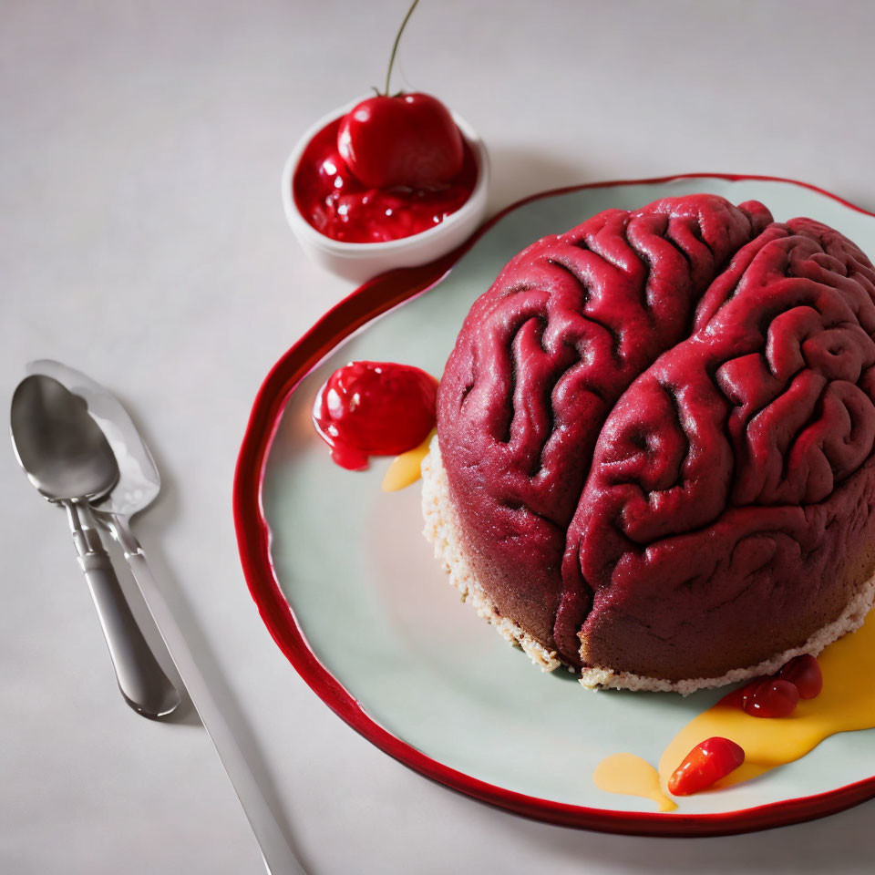 Brain-shaped dessert with cherry and sauce on plate with spoon