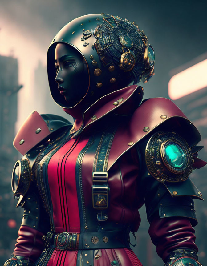 Elaborate armored suit and helmet on futuristic female figure