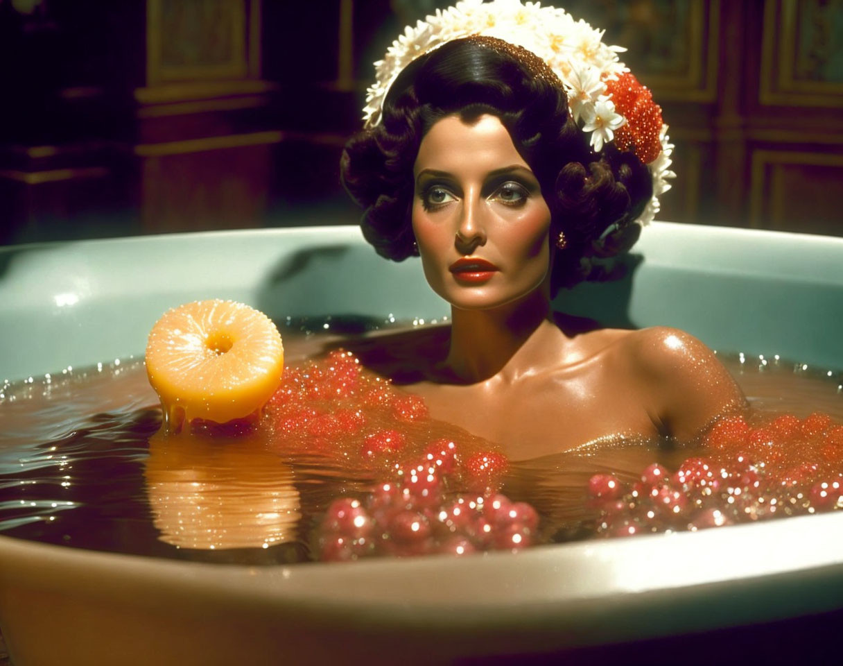 Woman with elegant makeup reclining in bubble bath with apple candle