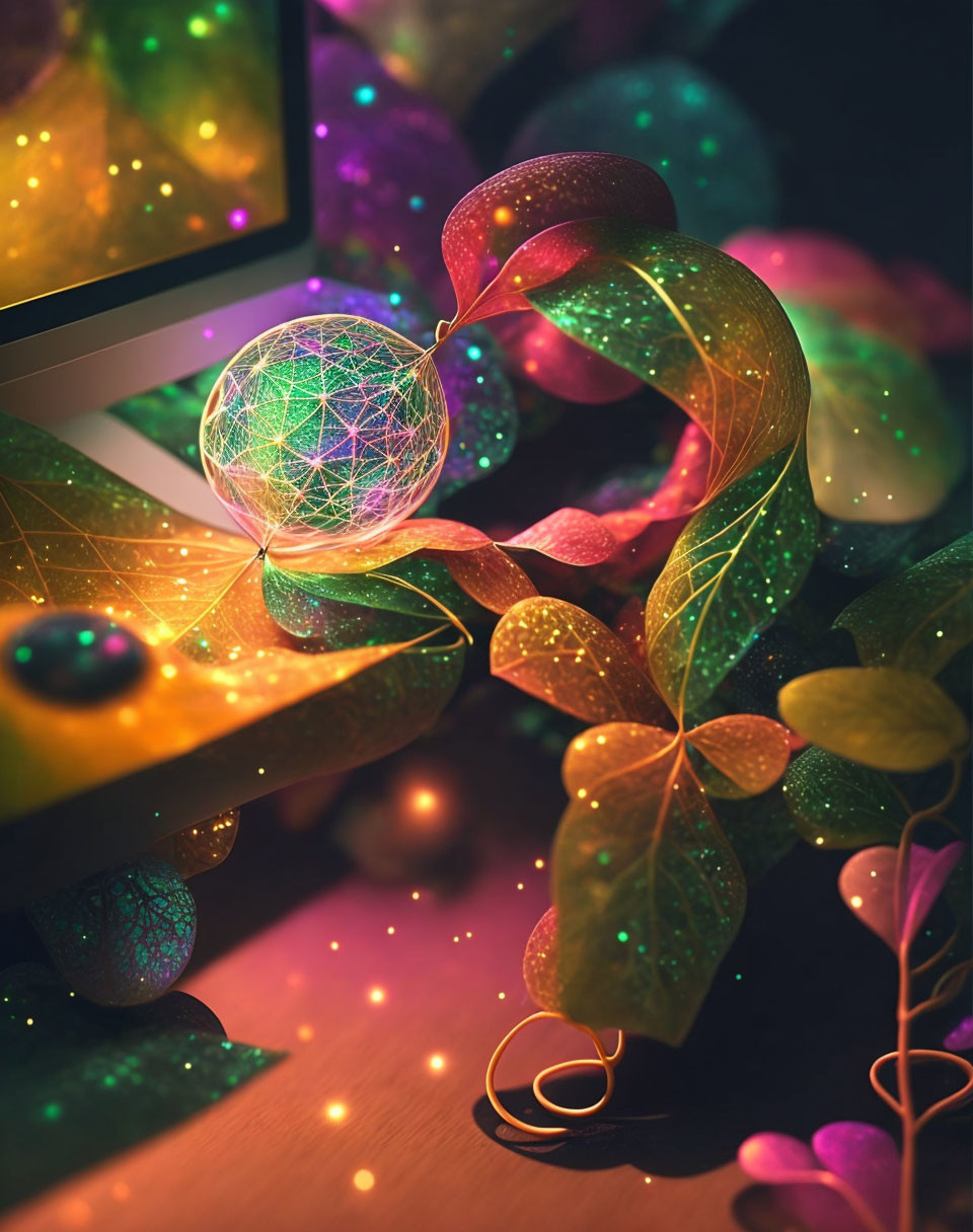 Colorful digital art: Glowing leaves, spheres, computer screen backdrop