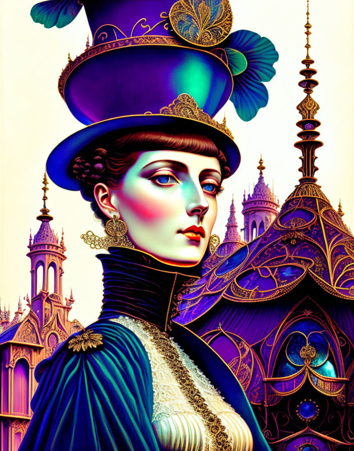 Victorian woman in blue dress and tall hat against gothic architecture