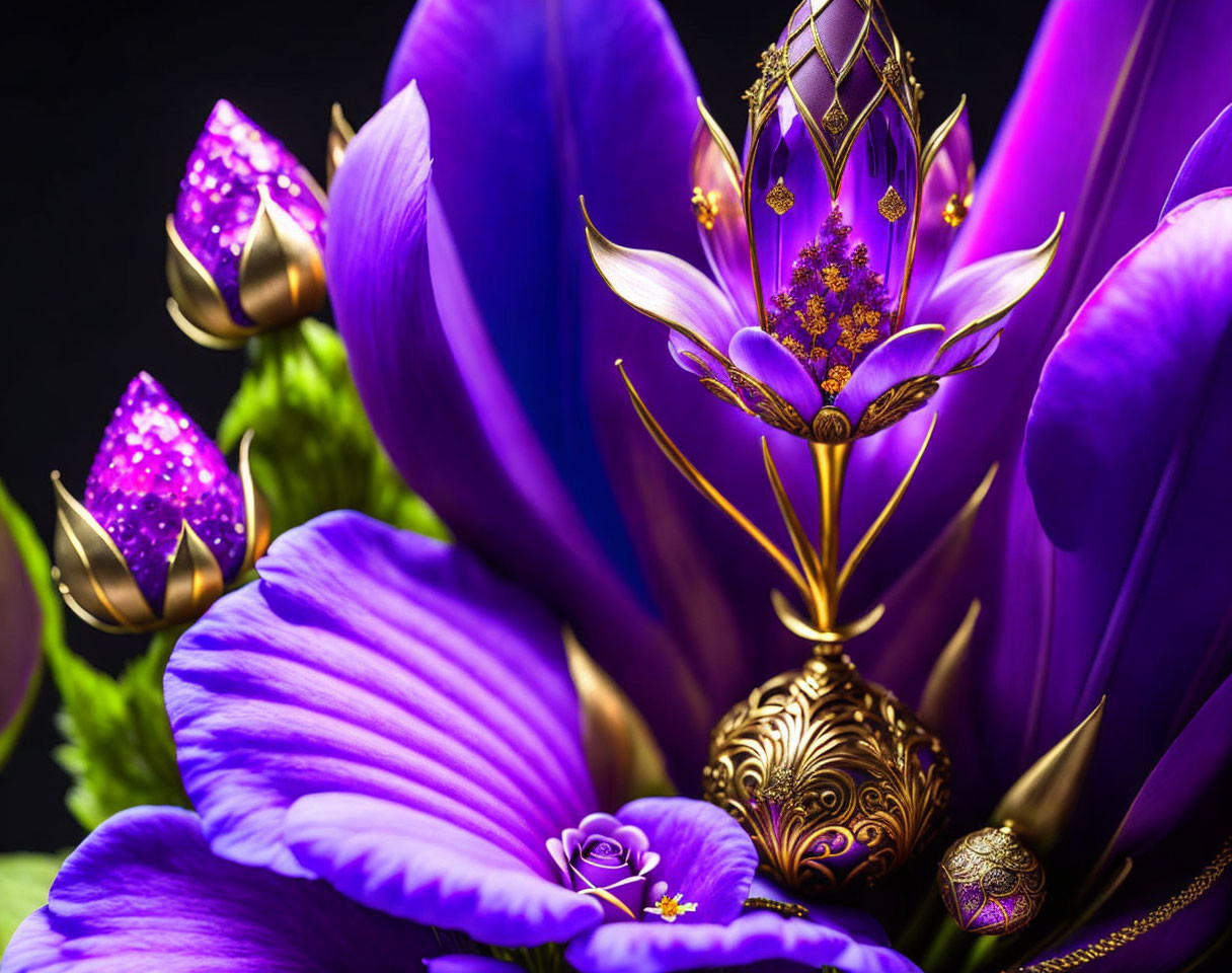 Purple Flowers with Gold and Purple Jeweled Embellishments on Dark Background