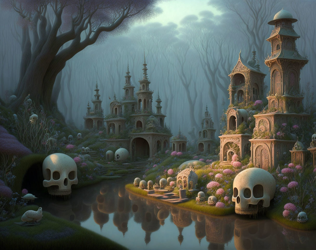 Fantasy landscape with skull-shaped structures and ornate buildings in mystical forest at dusk