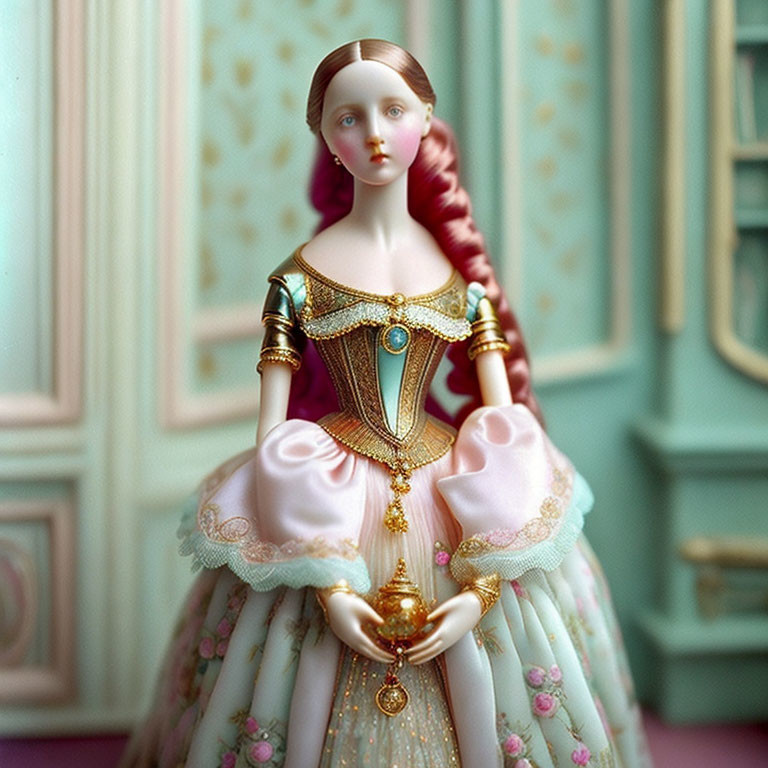 Porcelain doll with red braided hair in Victorian dress in teal room